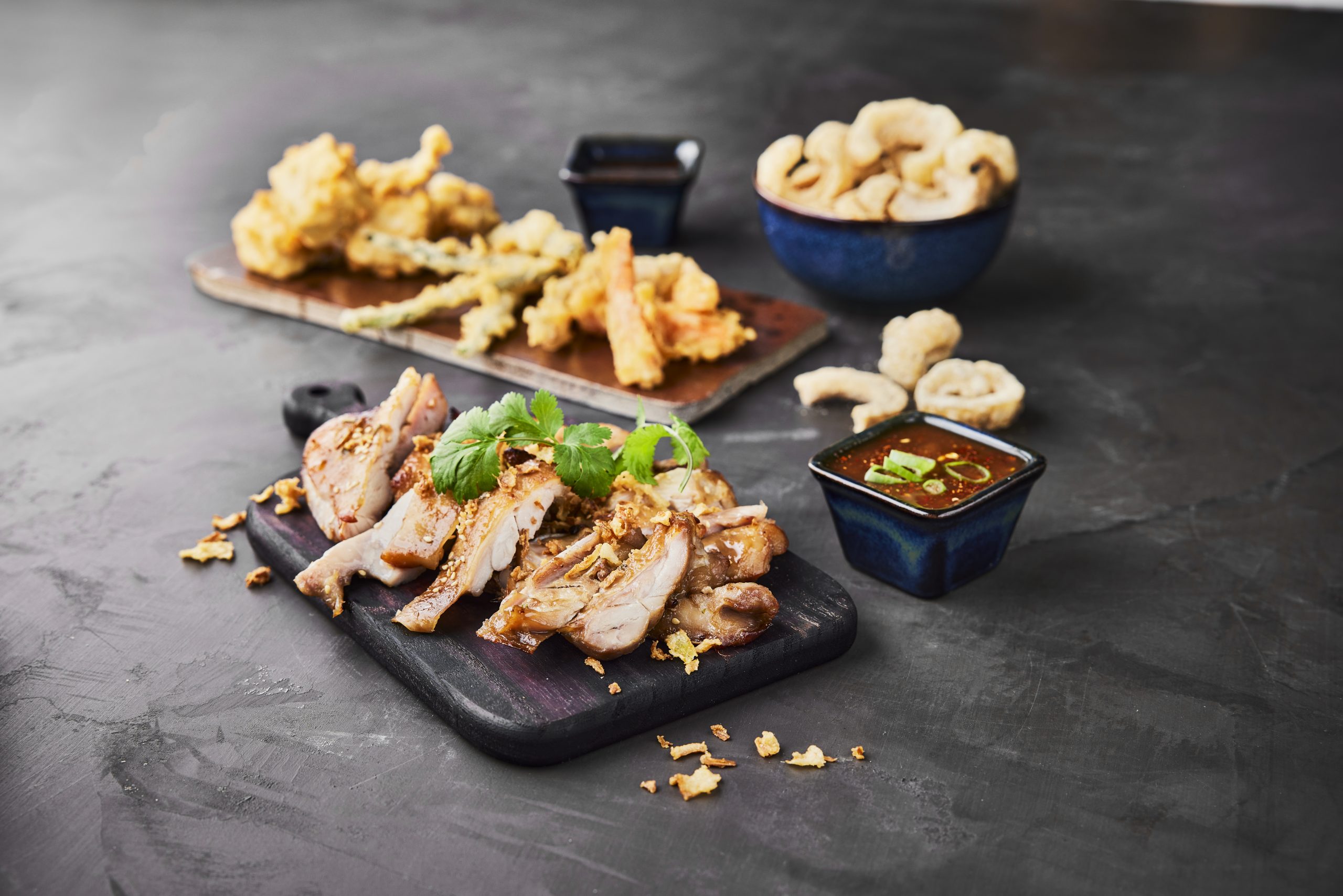 Grilled chicken with tempura vegetables and dipping sauce
